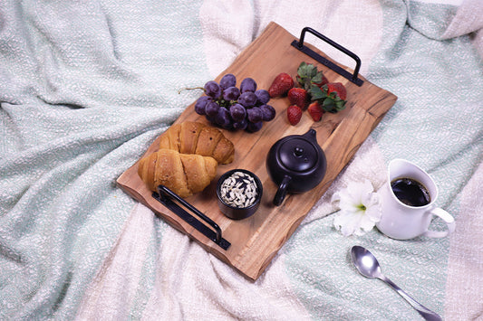 India Wholesale Acacia Wooden Tray with Metal Handles
