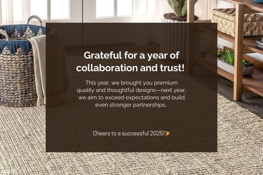 Thank you message from India Wholesale Company for USA retailers, featuring jute rug and woven baskets.
