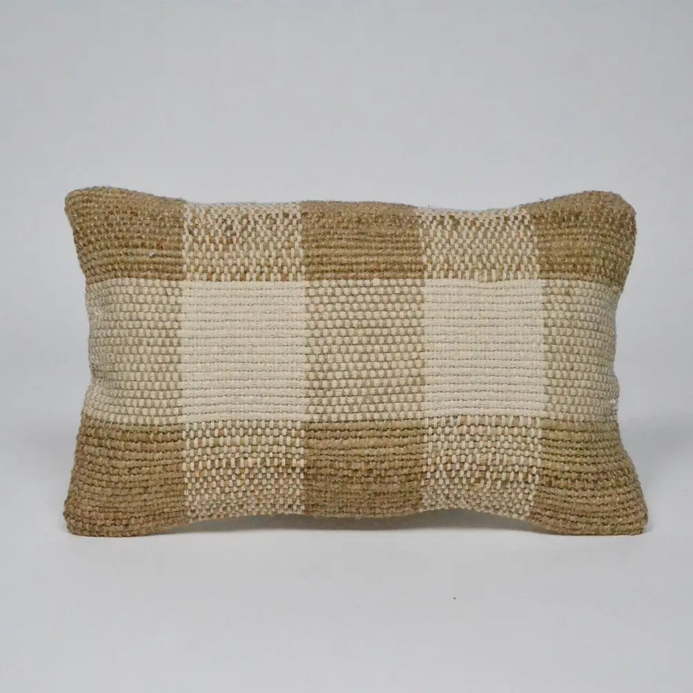 Jute Cotton Plaid Cotton & Jute Pillow Cover, 14"x20", White & Natural - India Wholesale Co.