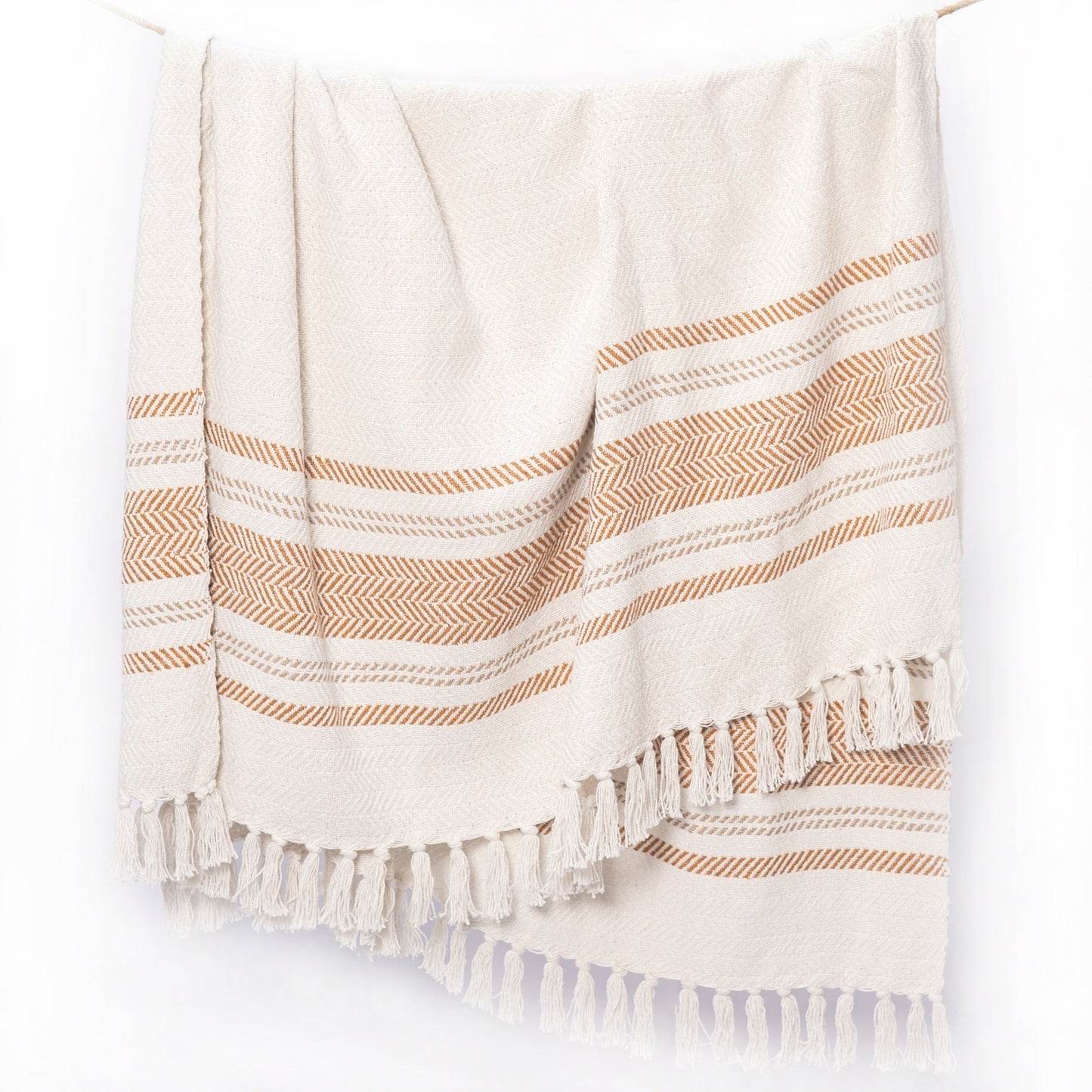 Herringbone Weave Throw with Tassels, 50"x 60", Recycled Cotton, Camel Brown - India Wholesale Co.