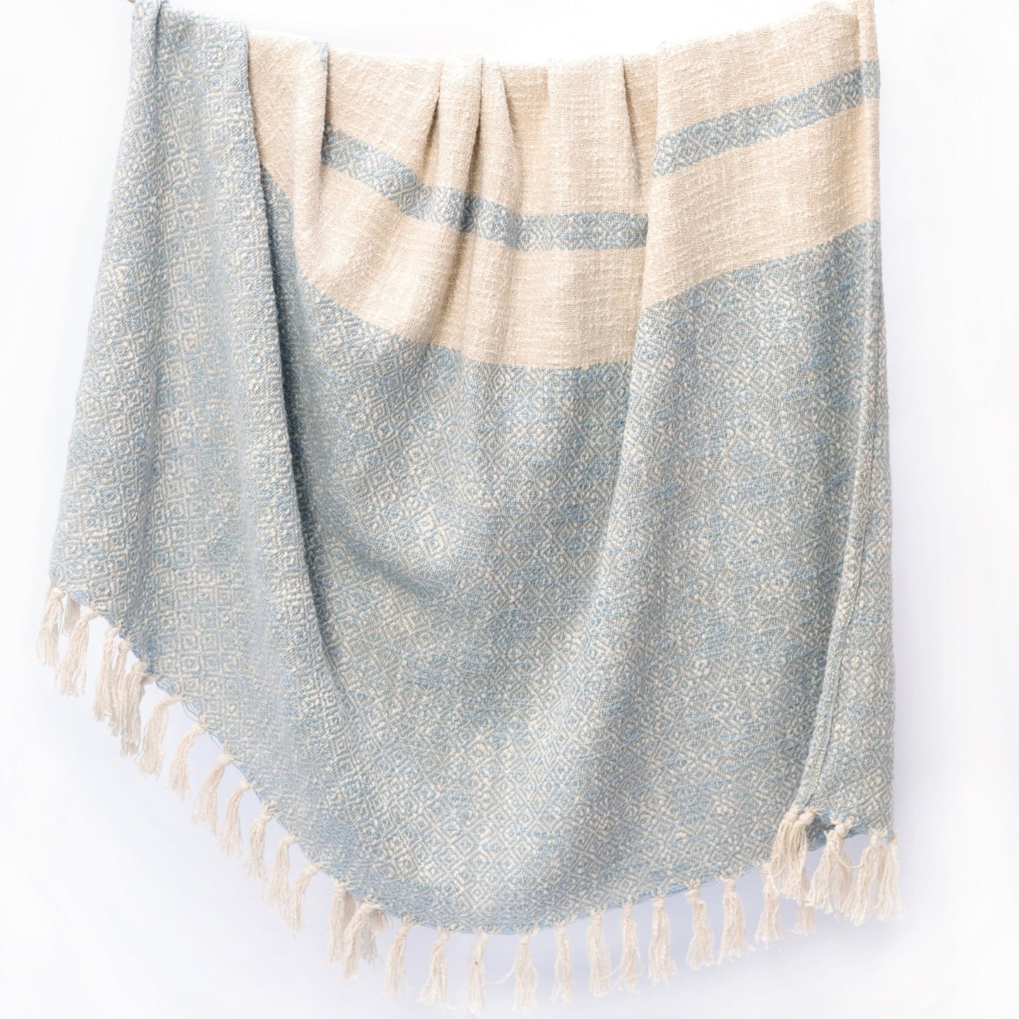 Diamond Weave Throw with Tassels, 50"x 60", 100% Cotton, Cool Blue - India Wholesale Co.