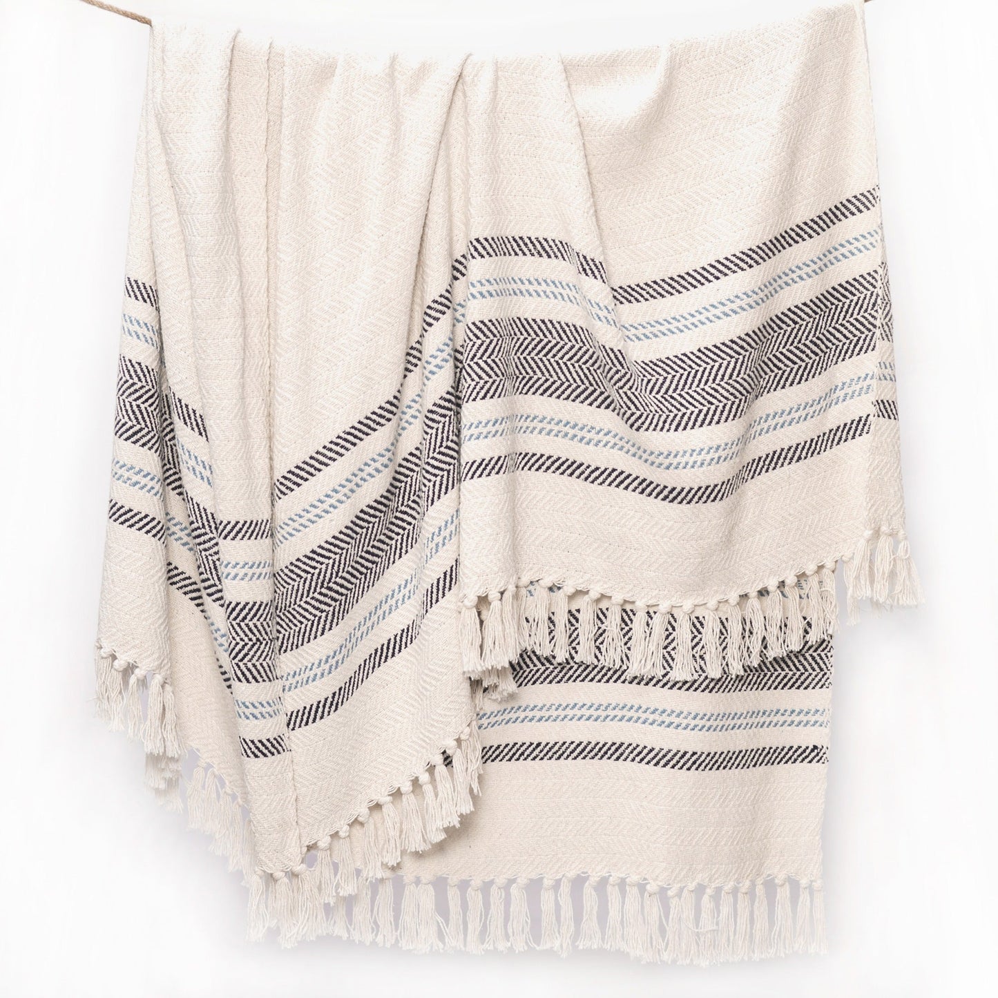 Herringbone Weave Throw with Tassels, 50"x 60", Recycled Cotton, Ivory Blue - India Wholesale Co.