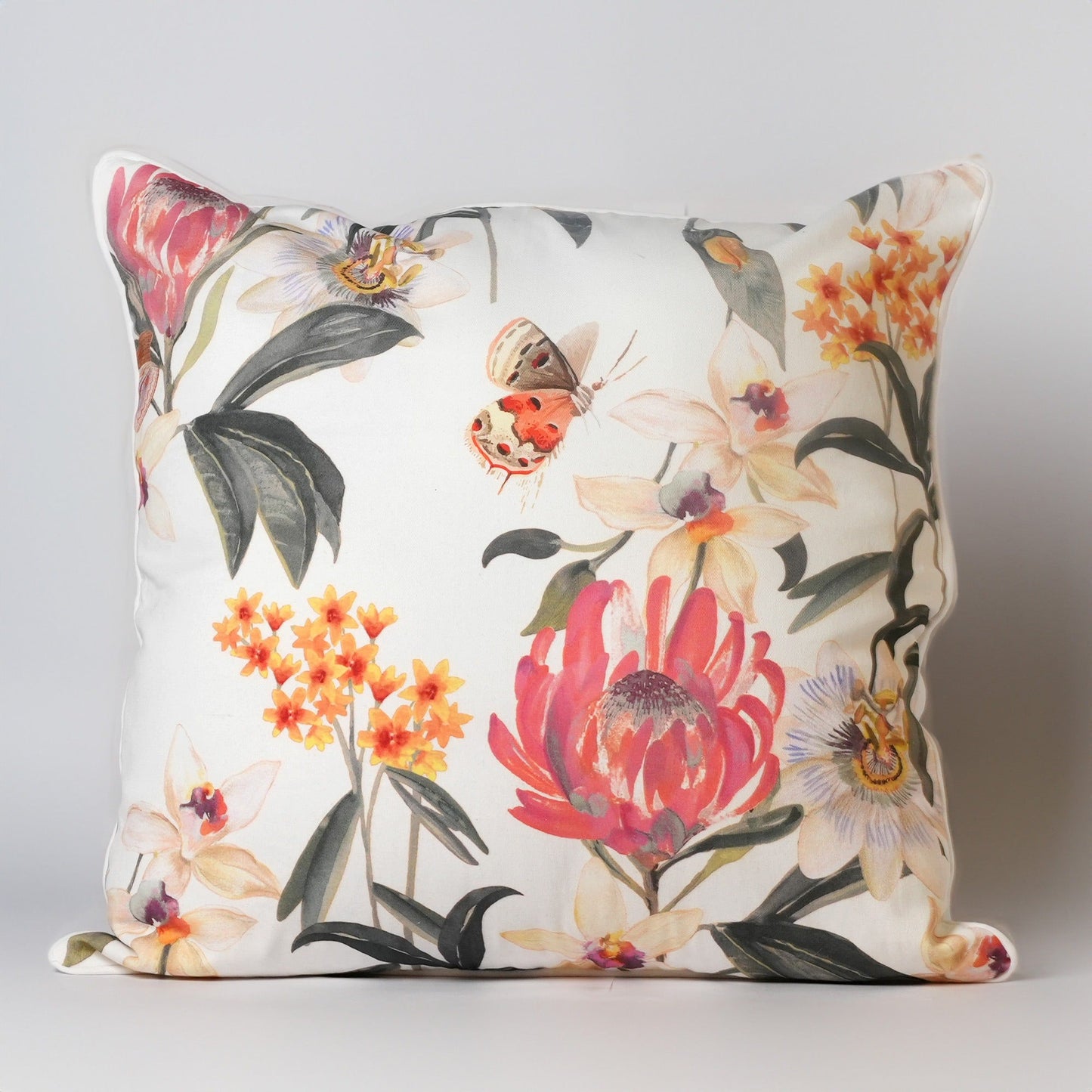 Red floral with butterfly printed cotton pillow cover, 22"x22" - India Wholesale Co.