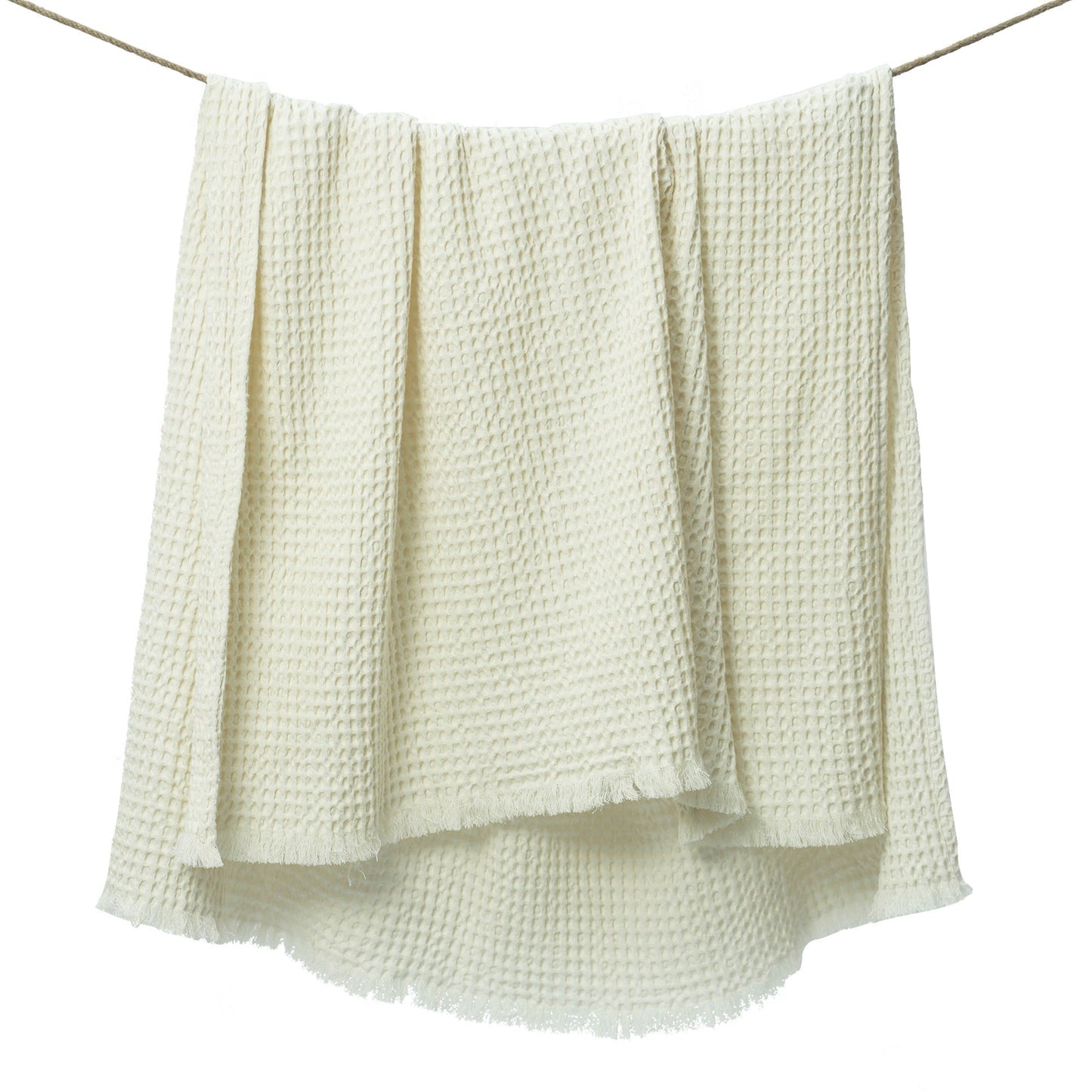 Waffle Weave Throw with Fringes, 50"x 60", 100% Fresh Cotton, Ivory - India Wholesale Co.