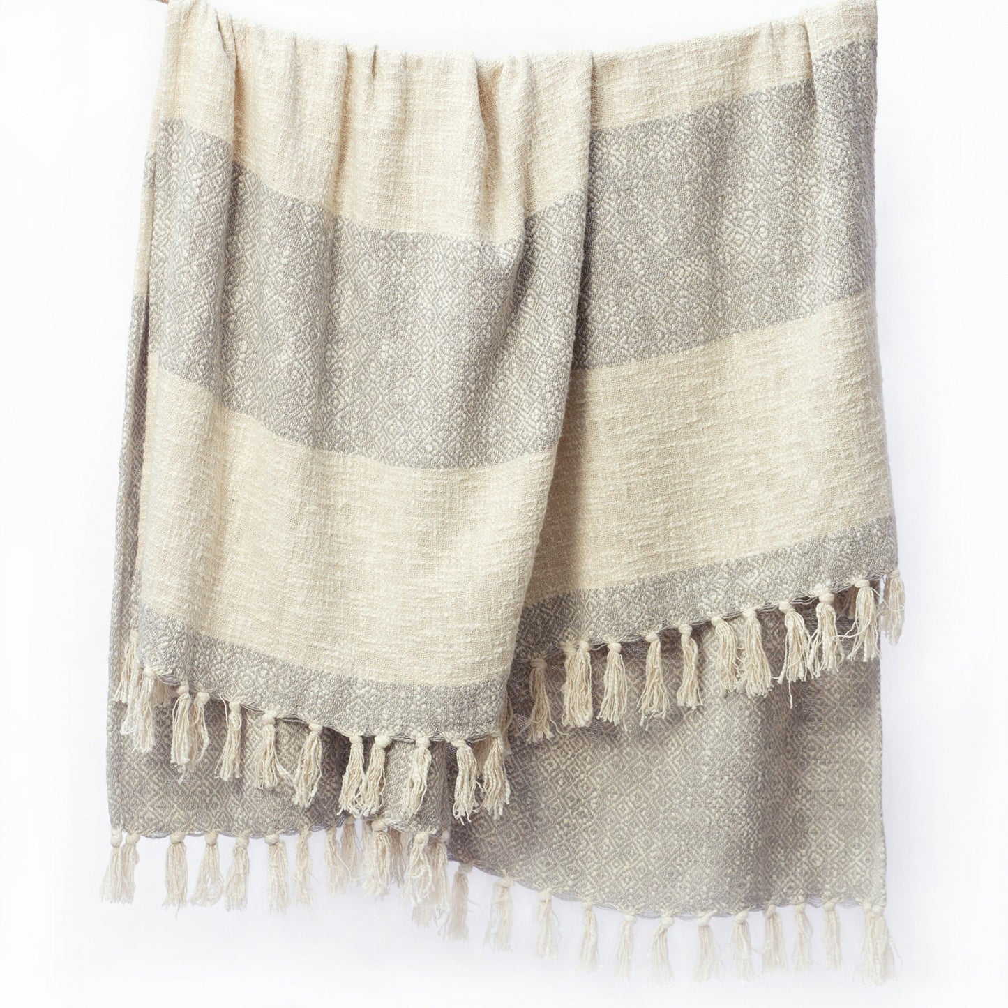 Diamond Weave Throw with Tassels, 50"x 60", 100% Cotton, Mineral Gray - India Wholesale Co.