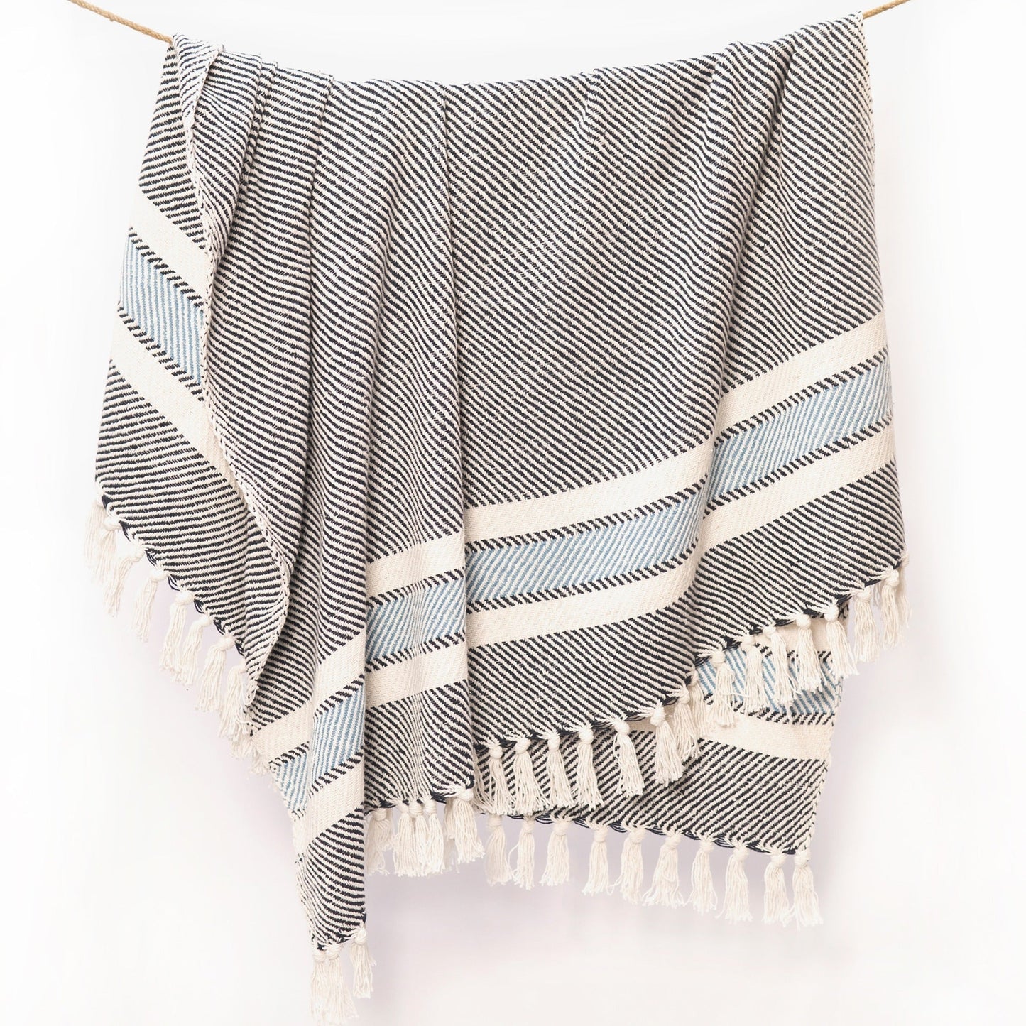 Herringbone Weave Throw with Tassels, 50"x 60", Recycled Cotton, Navy Blue - India Wholesale Co.