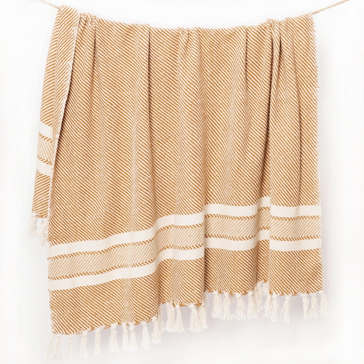Herringbone Weave Throw with Tassels, 50"x 60", Recycled Cotton, Toasted Almond - India Wholesale Co.