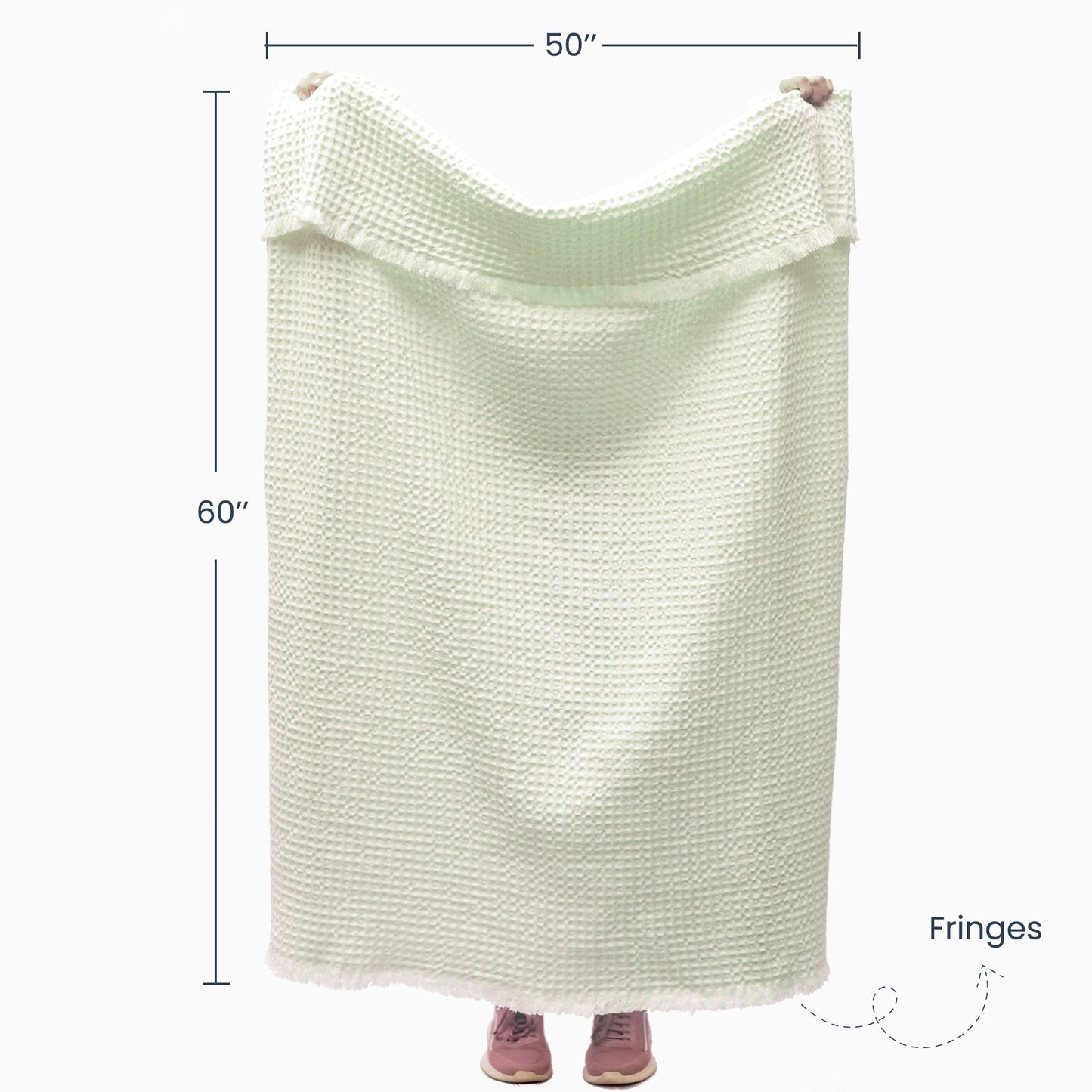 Waffle Weave Throw with Fringes, 50"x 60", 100% Fresh Cotton, Ivory - India Wholesale Co.
