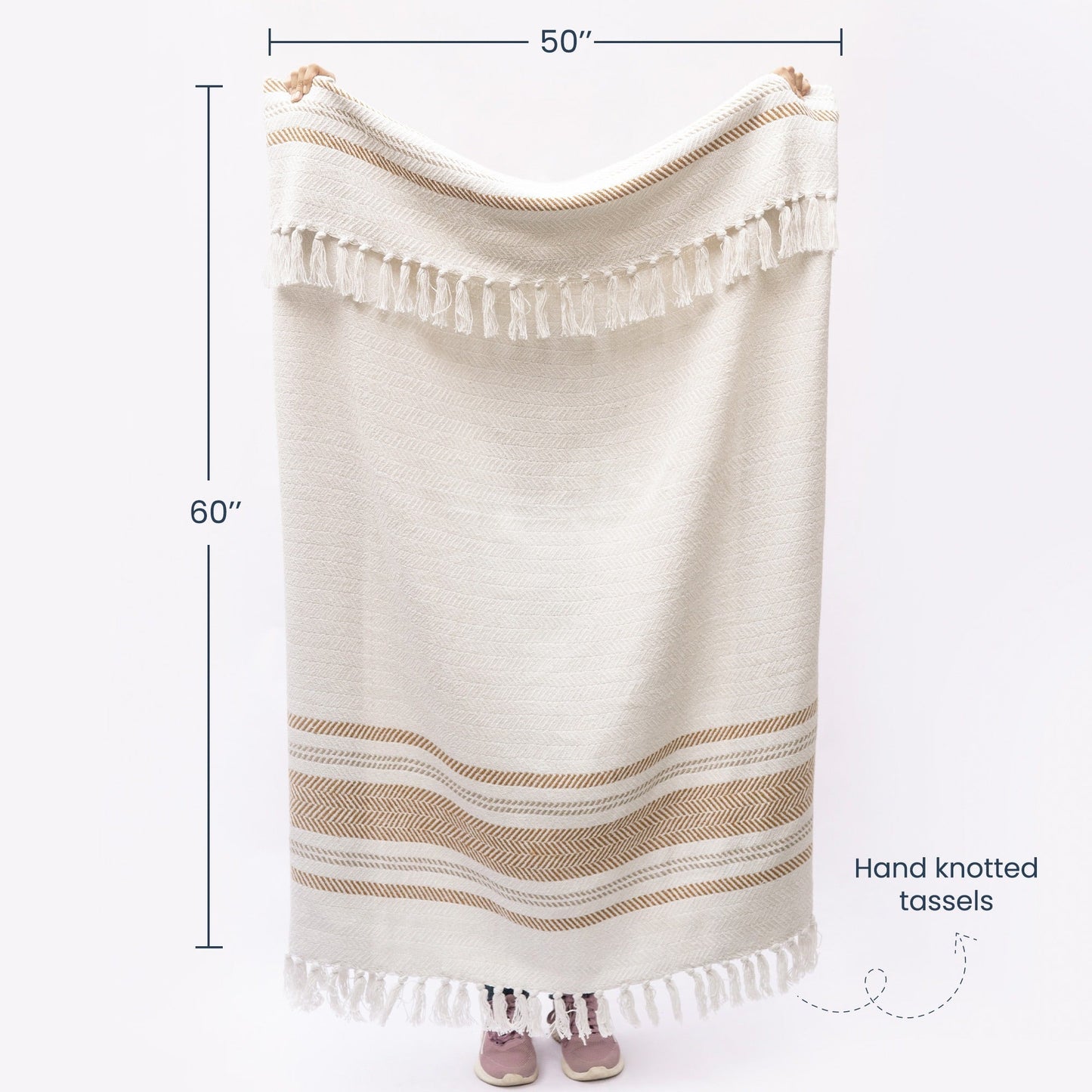 Herringbone Weave Throw with Tassels, 50"x 60", Recycled Cotton, Camel Brown - India Wholesale Co.