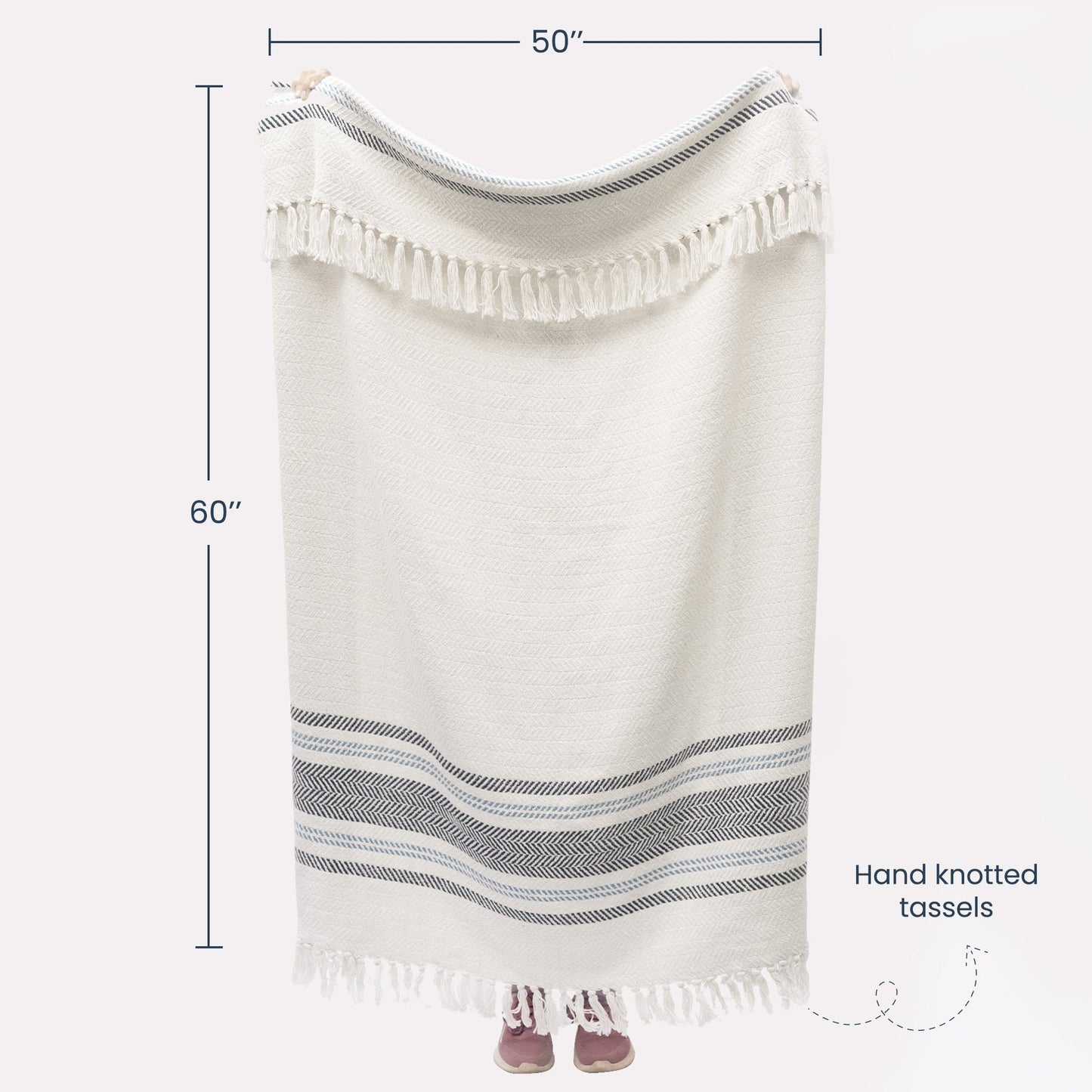 Herringbone Weave Throw with Tassels, 50"x 60", Recycled Cotton, Ivory Blue - India Wholesale Co.