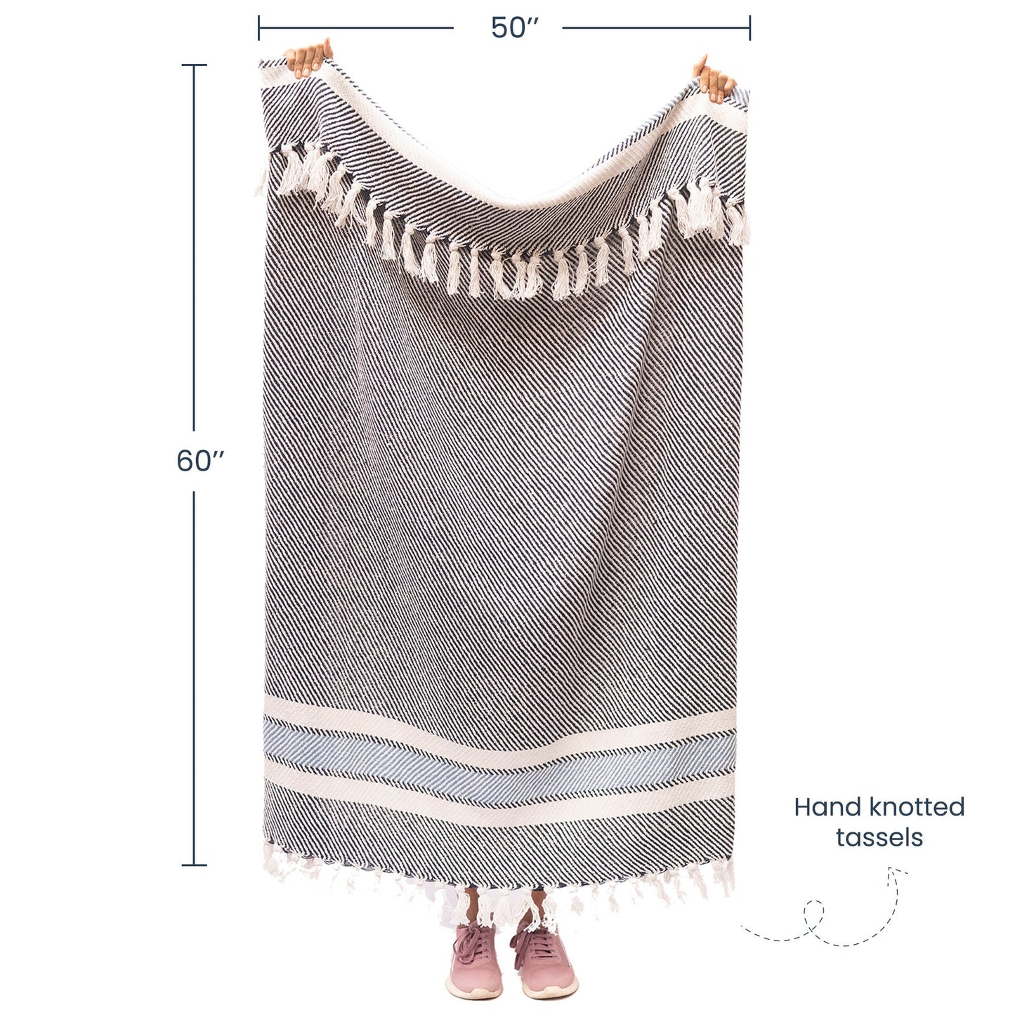 Herringbone Weave Throw with Tassels, 50"x 60", Recycled Cotton, Navy Blue - India Wholesale Co.