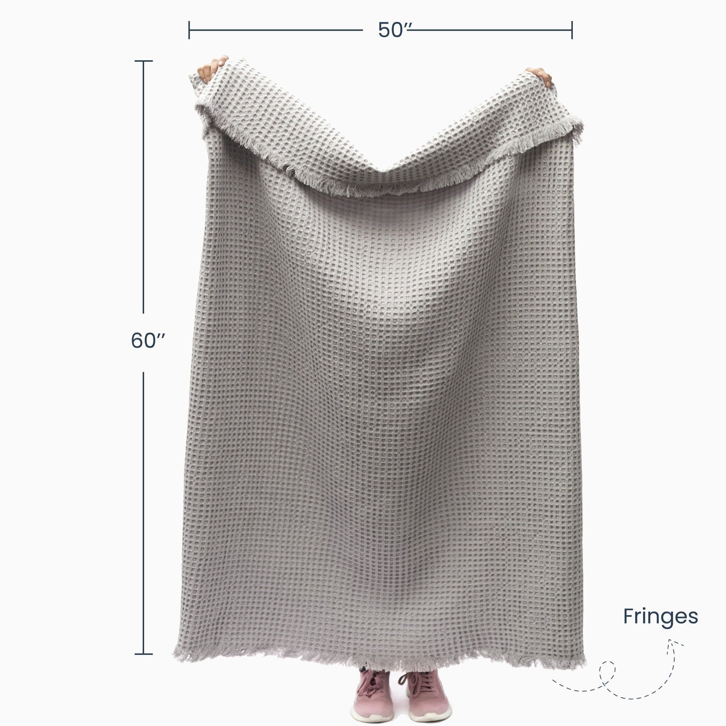 Waffle Weave Throw with Fringes, 50"x 60", 100% Fresh Cotton, Mineral Gray - India Wholesale Co.