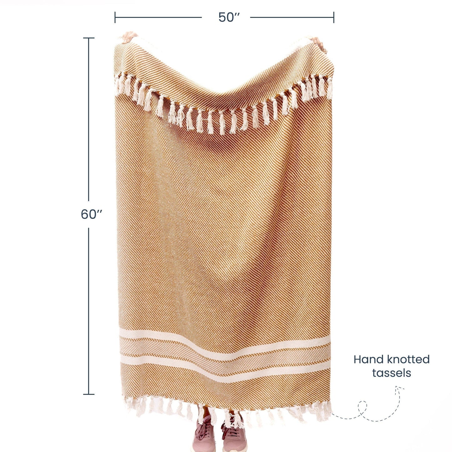 Herringbone Weave Throw with Tassels, 50"x 60", Recycled Cotton, Toasted Almond - India Wholesale Co.