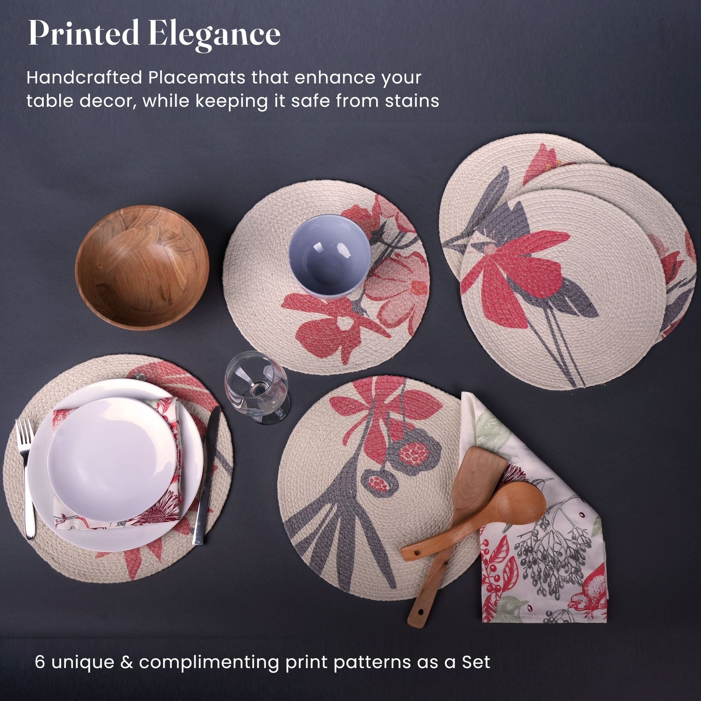 Orange Pickaboo Printed Braided Placemat Set of 6 all different Prints - Recycle Cotton - India Wholesale Co.