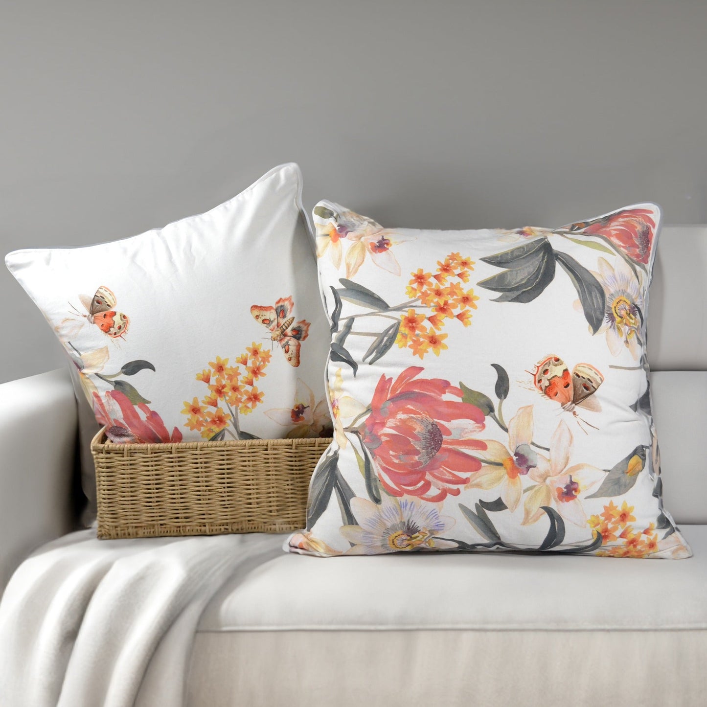 Red floral with butterfly printed cotton pillow cover, 18"x18" - India Wholesale Co.