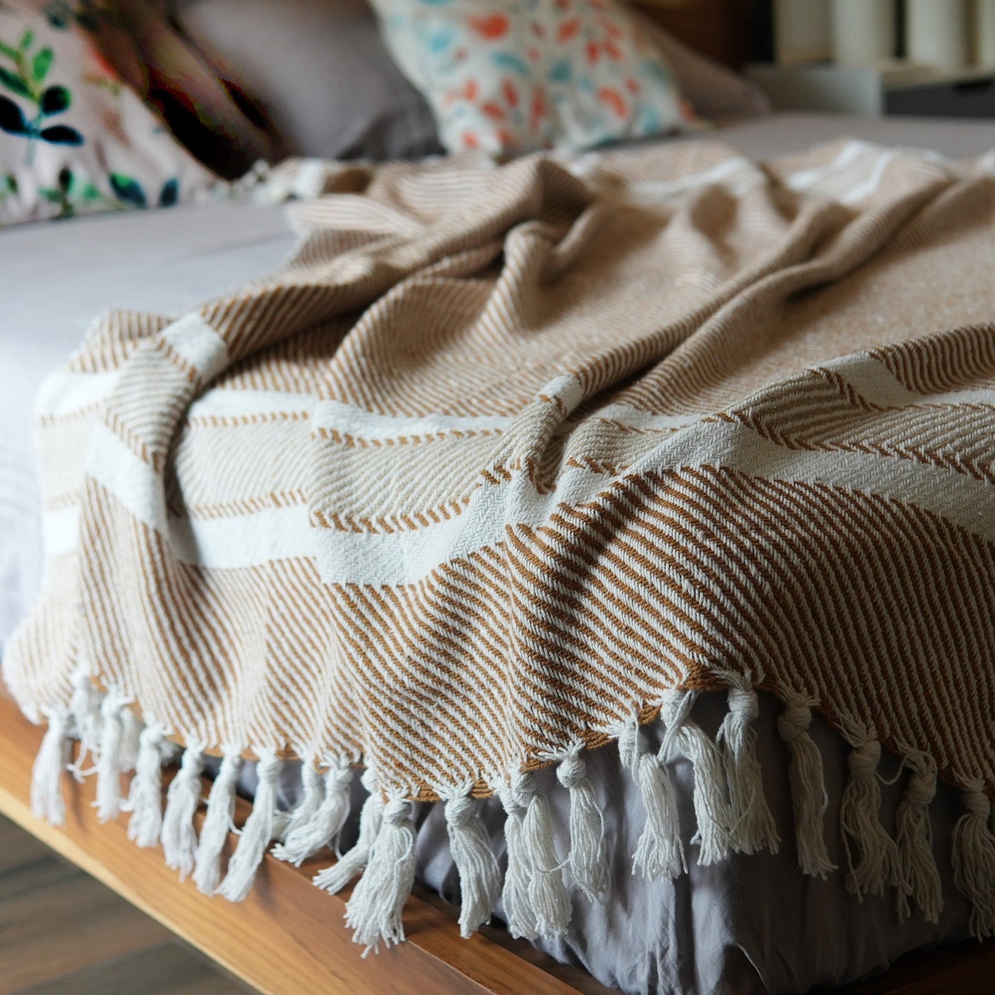 Herringbone Weave Throw with Tassels, 50"x 60", Recycled Cotton, Toasted Almond - India Wholesale Co.