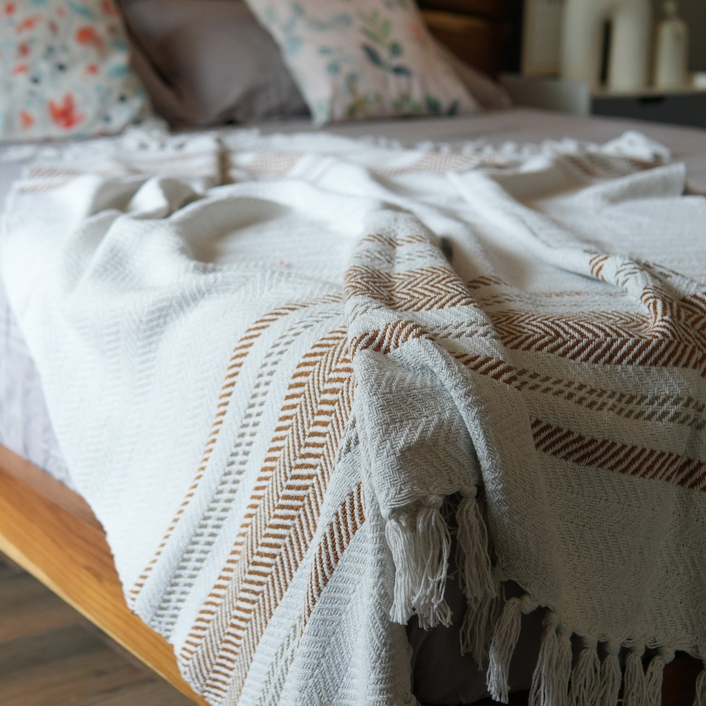 Herringbone Weave Throw with Tassels, 50"x 60", Recycled Cotton, Camel Brown - India Wholesale Co.