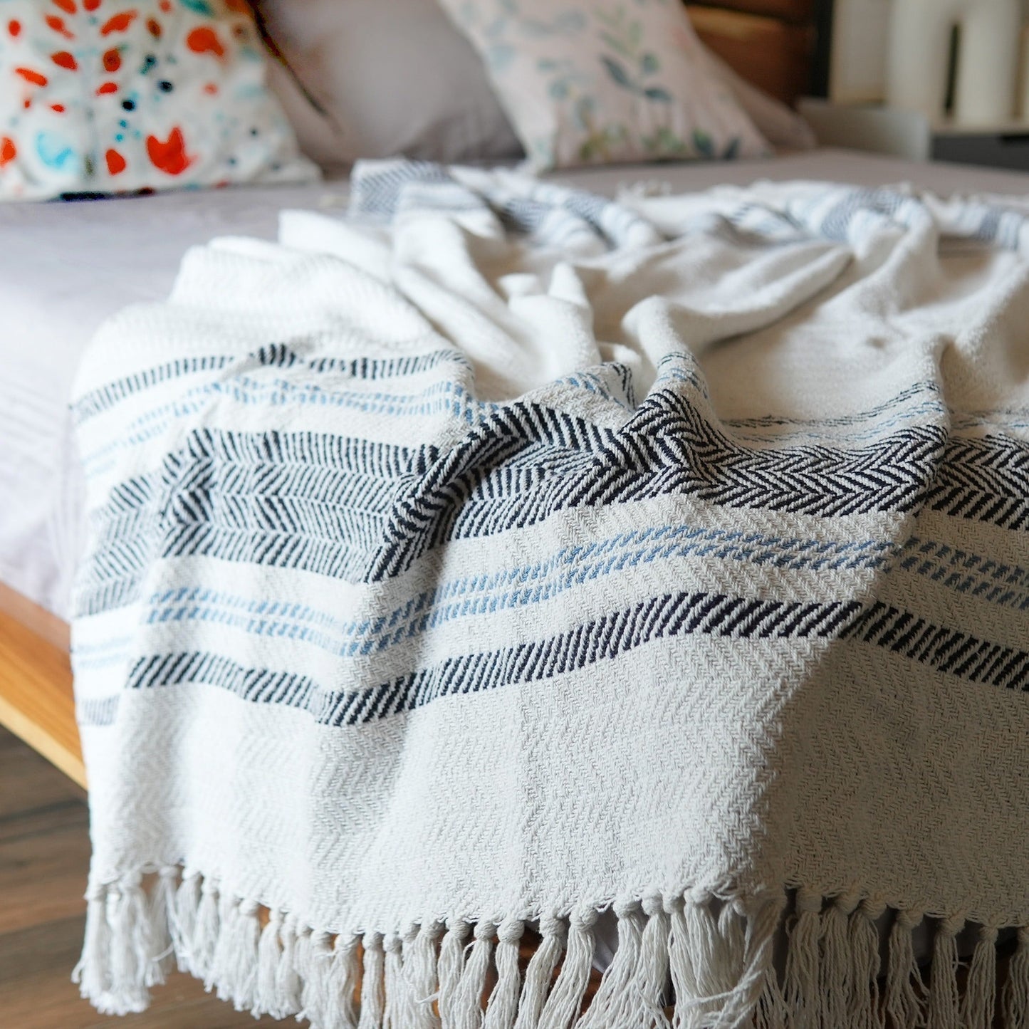 Herringbone Weave Throw with Tassels, 50"x 60", Recycled Cotton, Ivory Blue - India Wholesale Co.