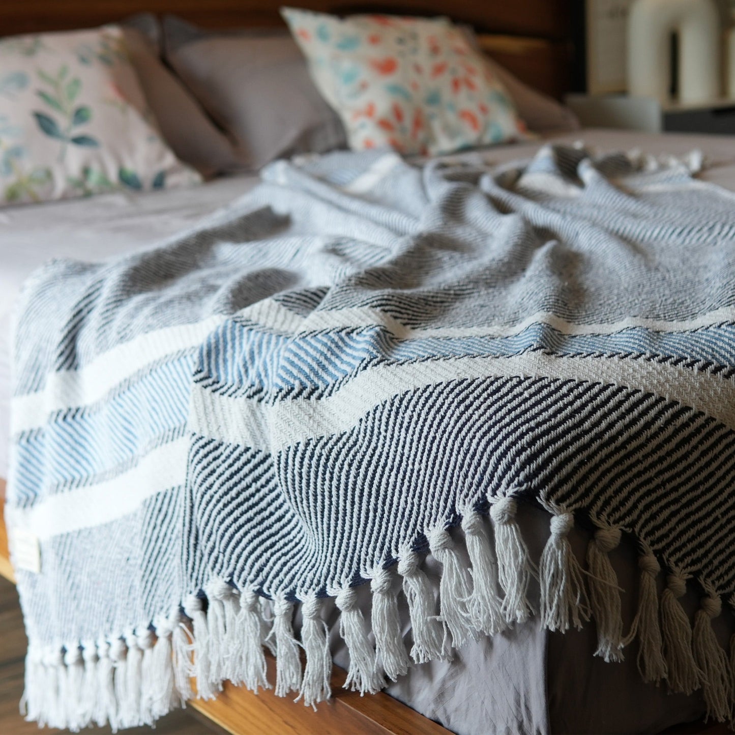 Herringbone Weave Throw with Tassels, 50"x 60", Recycled Cotton, Navy Blue - India Wholesale Co.