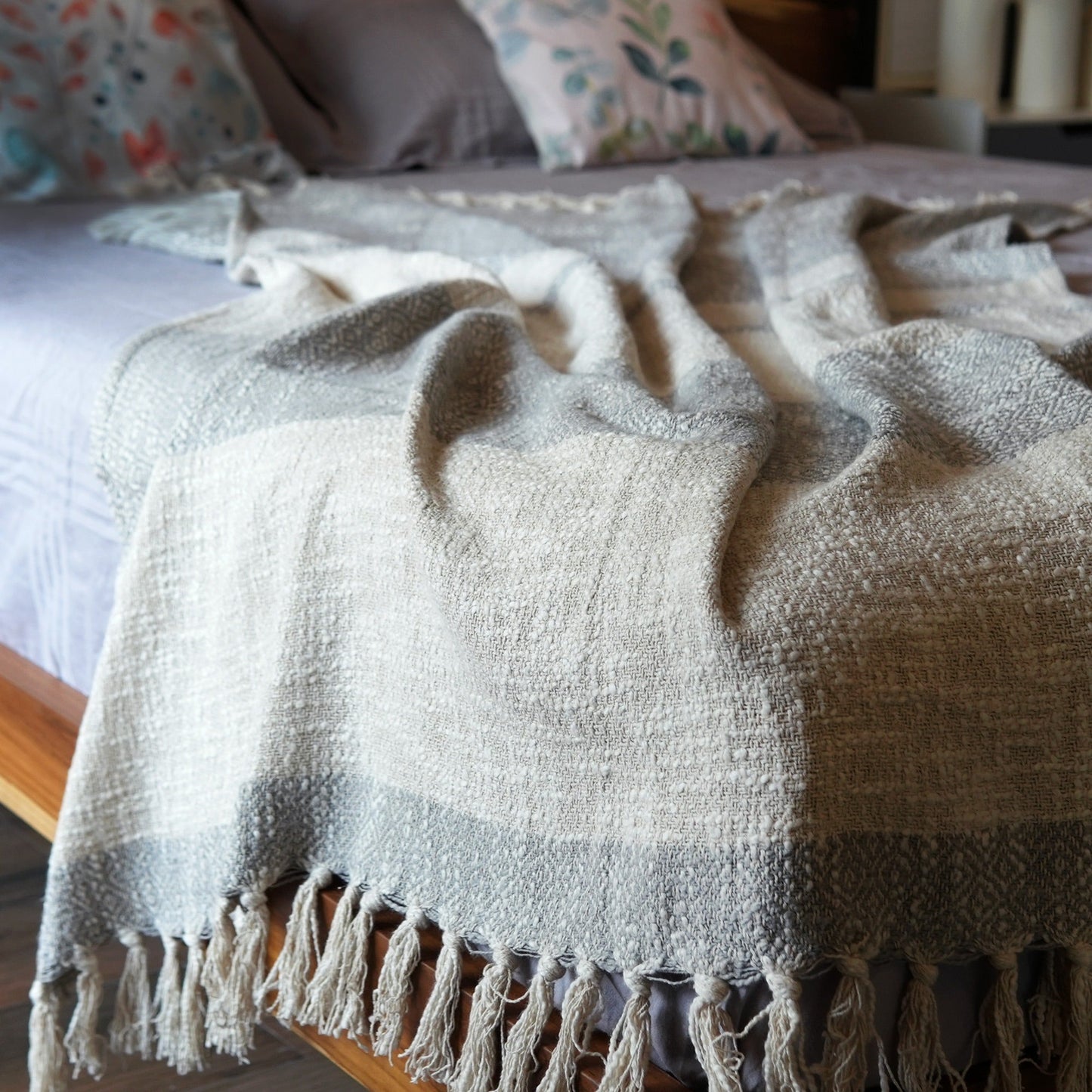 Diamond Weave Throw with Tassels, 50"x 60", 100% Cotton, Mineral Gray - India Wholesale Co.
