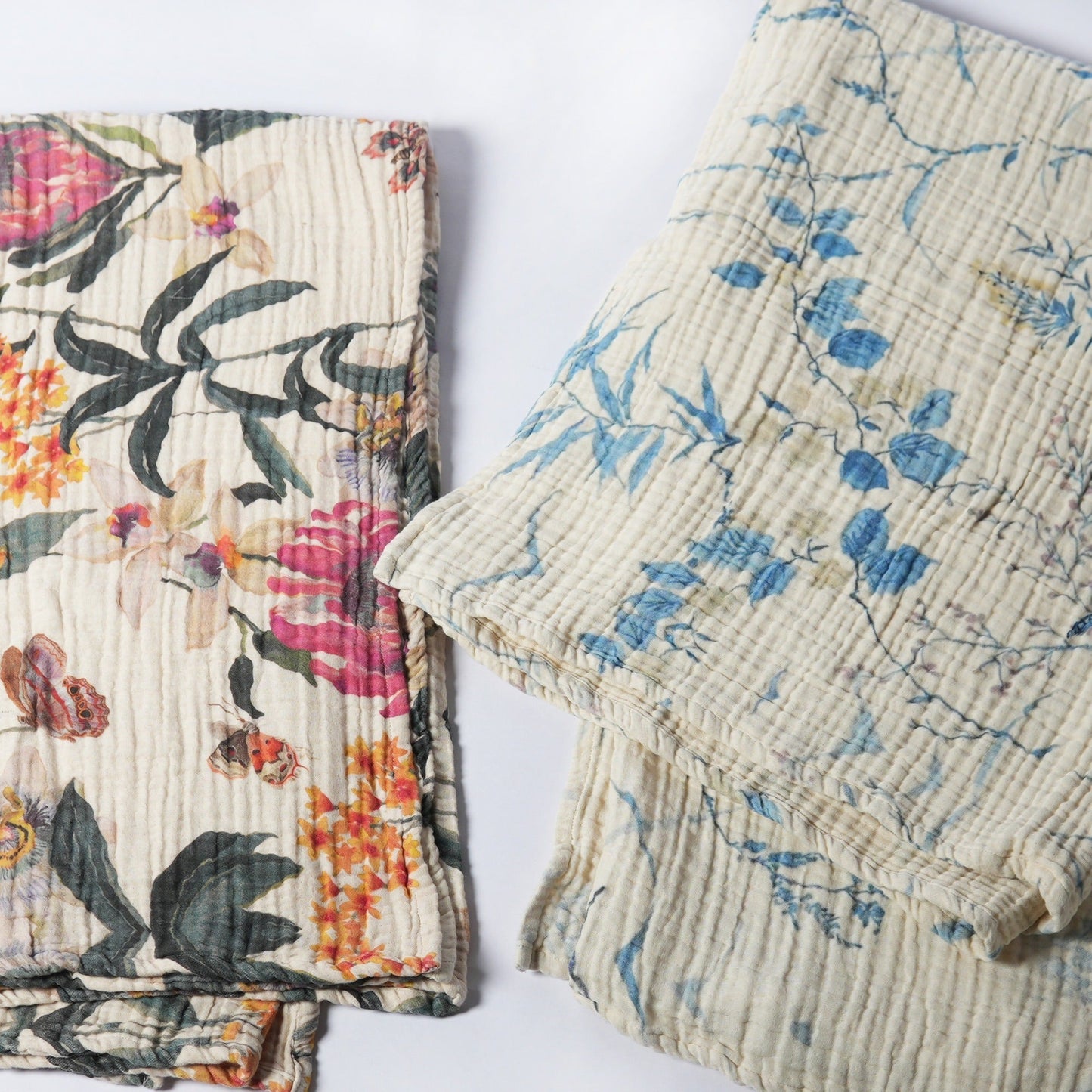 100% Cotton, 4 layer Printed Muslin Throw Blanket - Botanical Blue - India Wholesale Co.