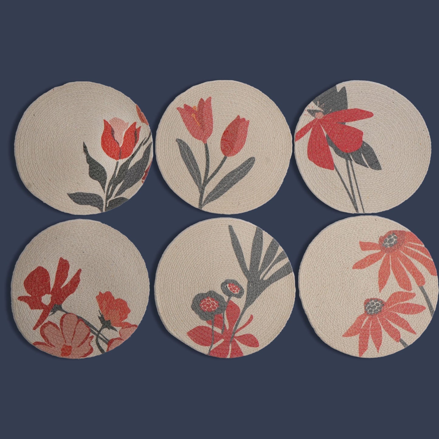 Orange Pickaboo Printed Braided Placemat Set of 6 all different Prints - Recycle Cotton - India Wholesale Co.