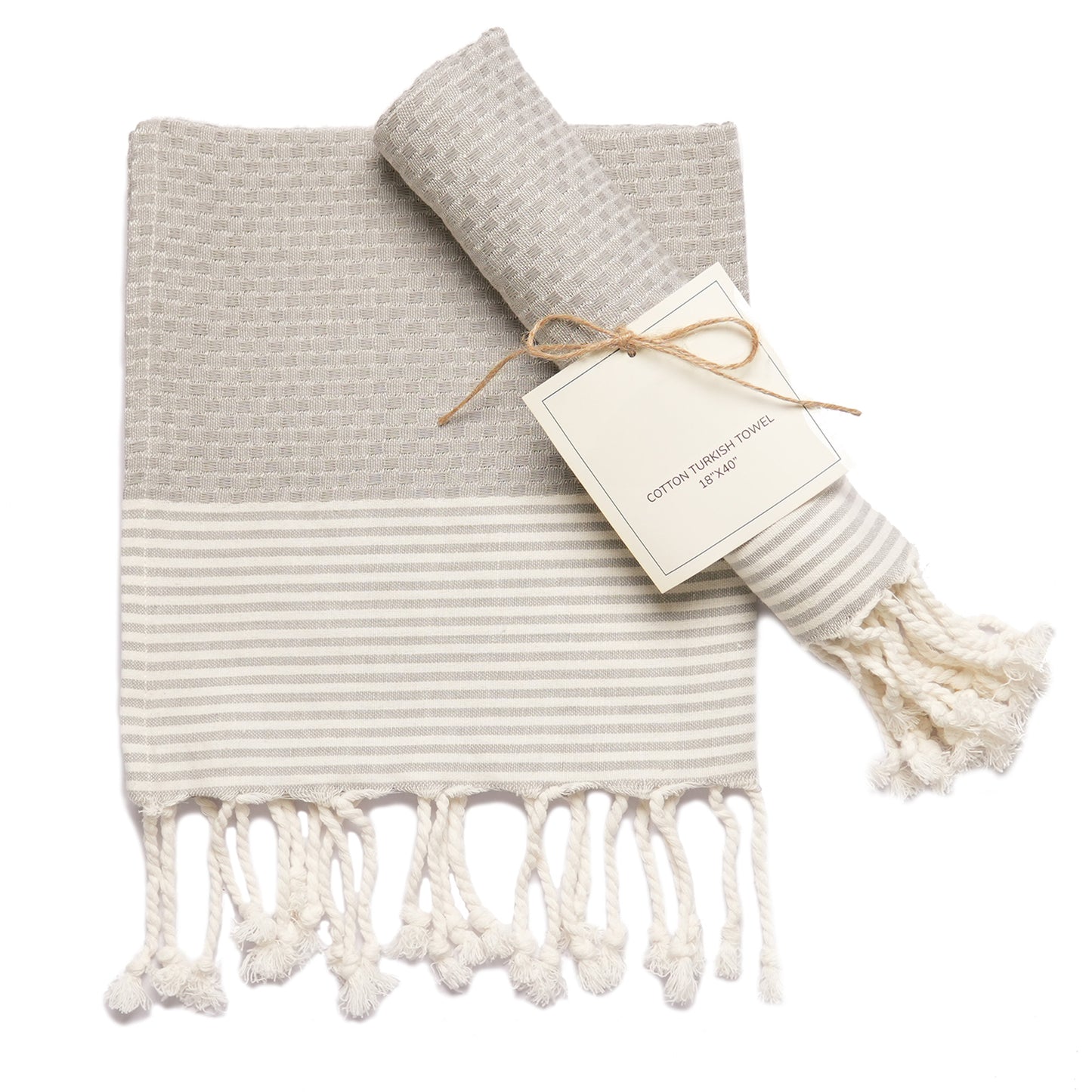 Set of 2 Waffle Stripe Turkish Towel with Twisted Tassels 18" x 40", 100% Fresh cotton, Gray - India Wholesale Co.