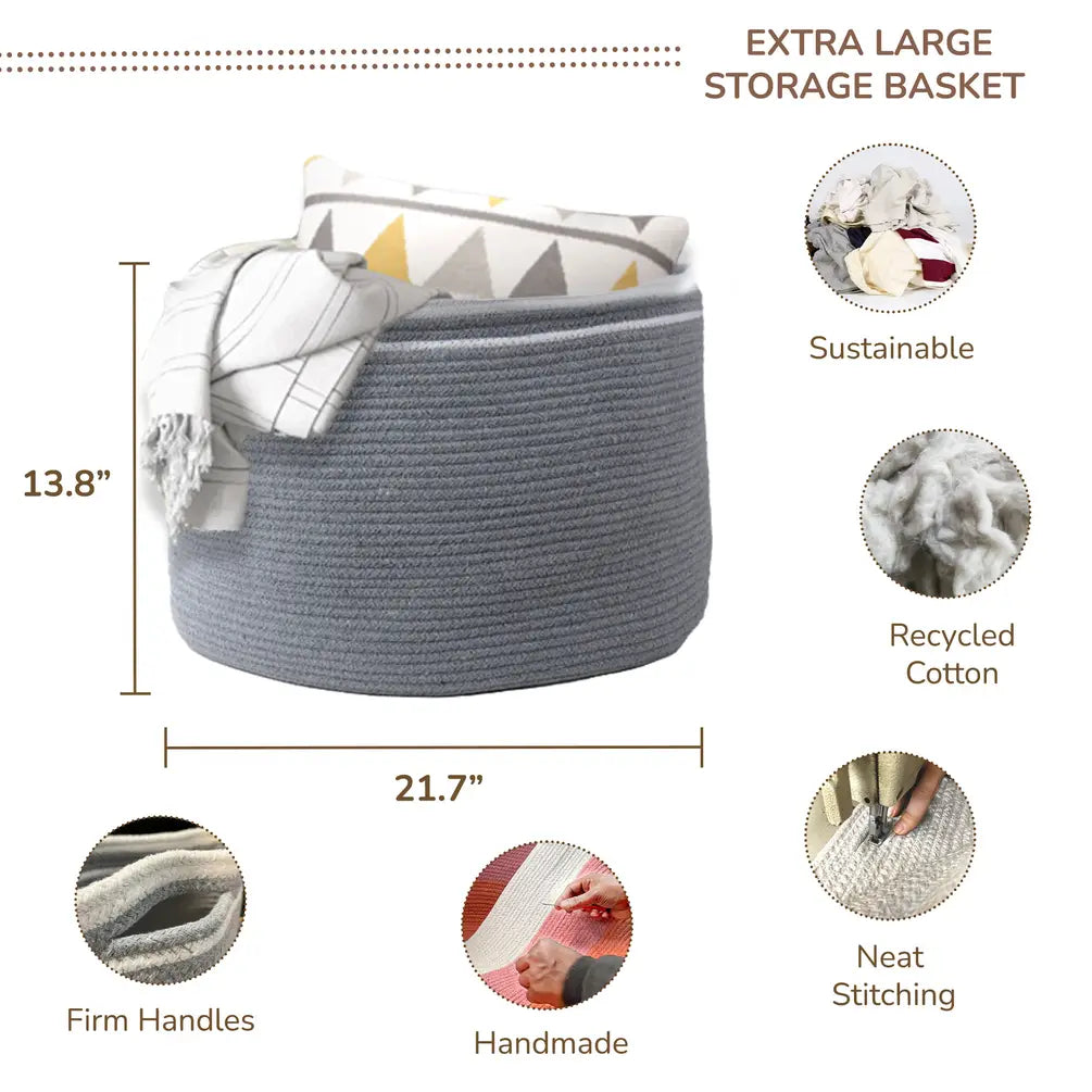 Cotton Basket without Lid, Gray, 21.7x21.7x13.8" - India Wholesale Co.