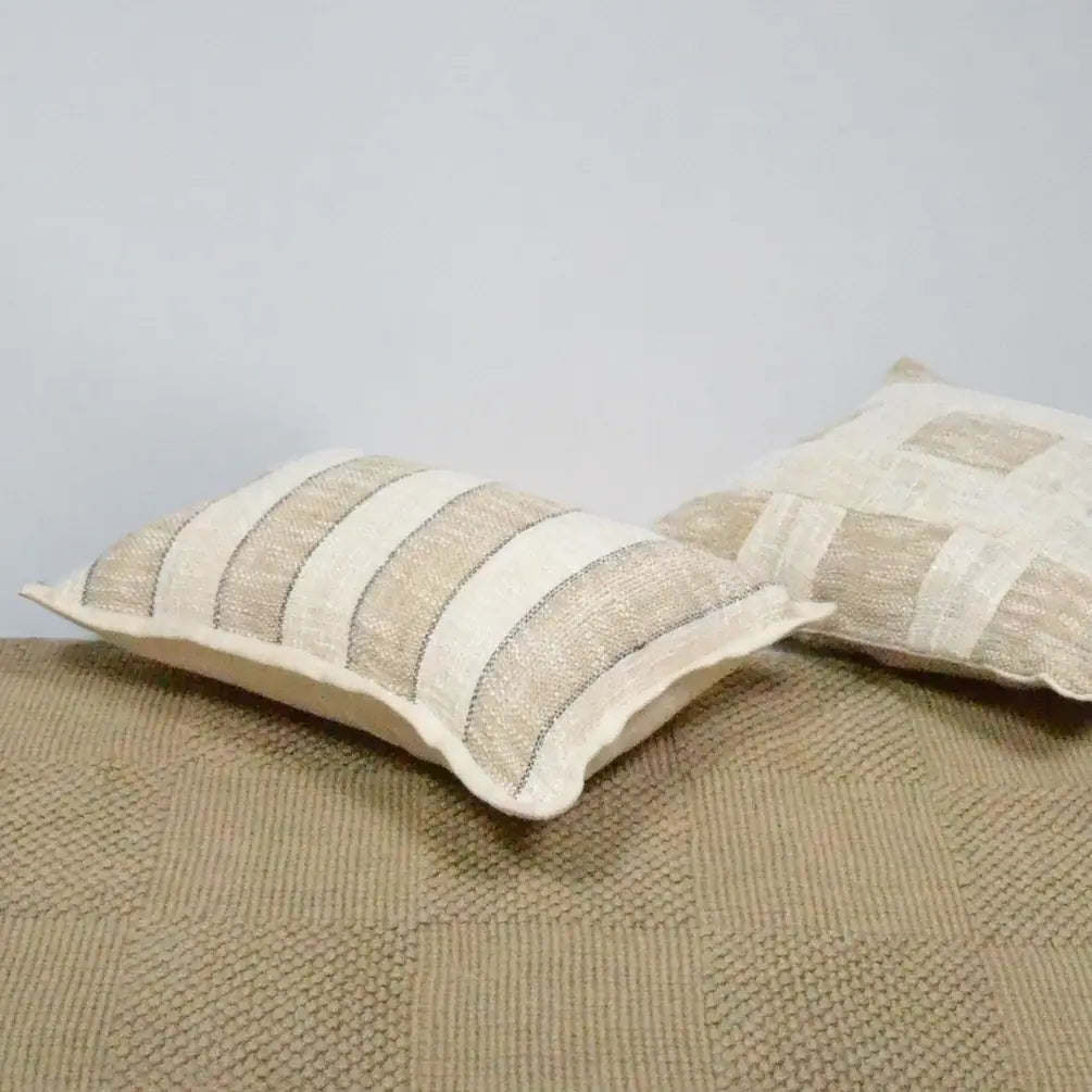 Handloom Broad Stripes Cotton & Jute Pillow Cover 14"x20", White & Natural - India Wholesale Co.