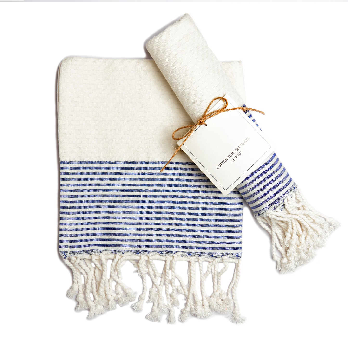 Set of 2 Waffle Stripe Turkish Towel with Twisted Tassels 18" x 40", 100% Fresh cotton, White & Blue - India Wholesale Co.