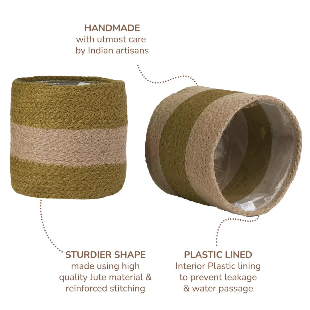 Jute Planter Set of 2, Natural Jute, 6.5x6.5x6, Olive & Natural - India Wholesale Co.