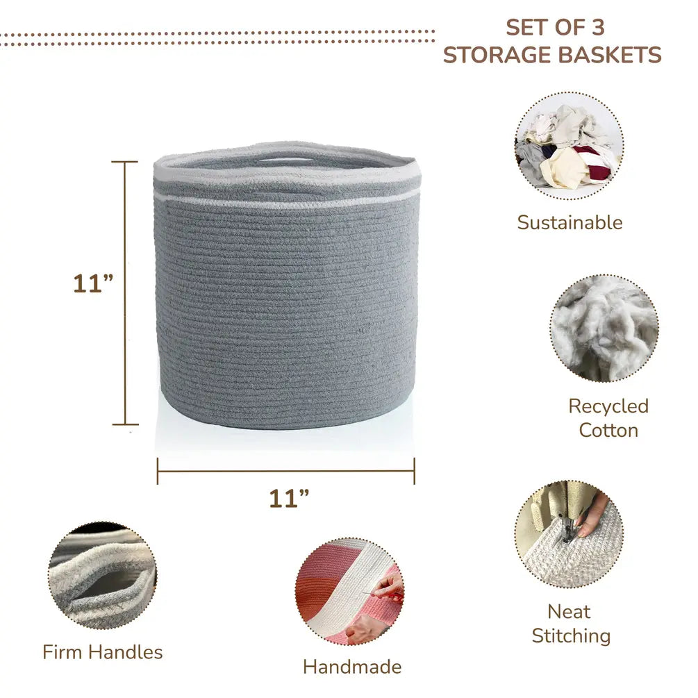 Cotton Basket Set of 3, Cotton, 11x11x11, Gray- Solid - India Wholesale Co.