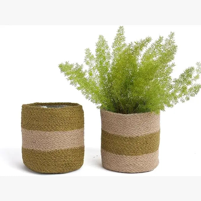 Jute Planter Set of 2, Natural Jute, 6.5x6.5x6, Olive & Natural - India Wholesale Co.