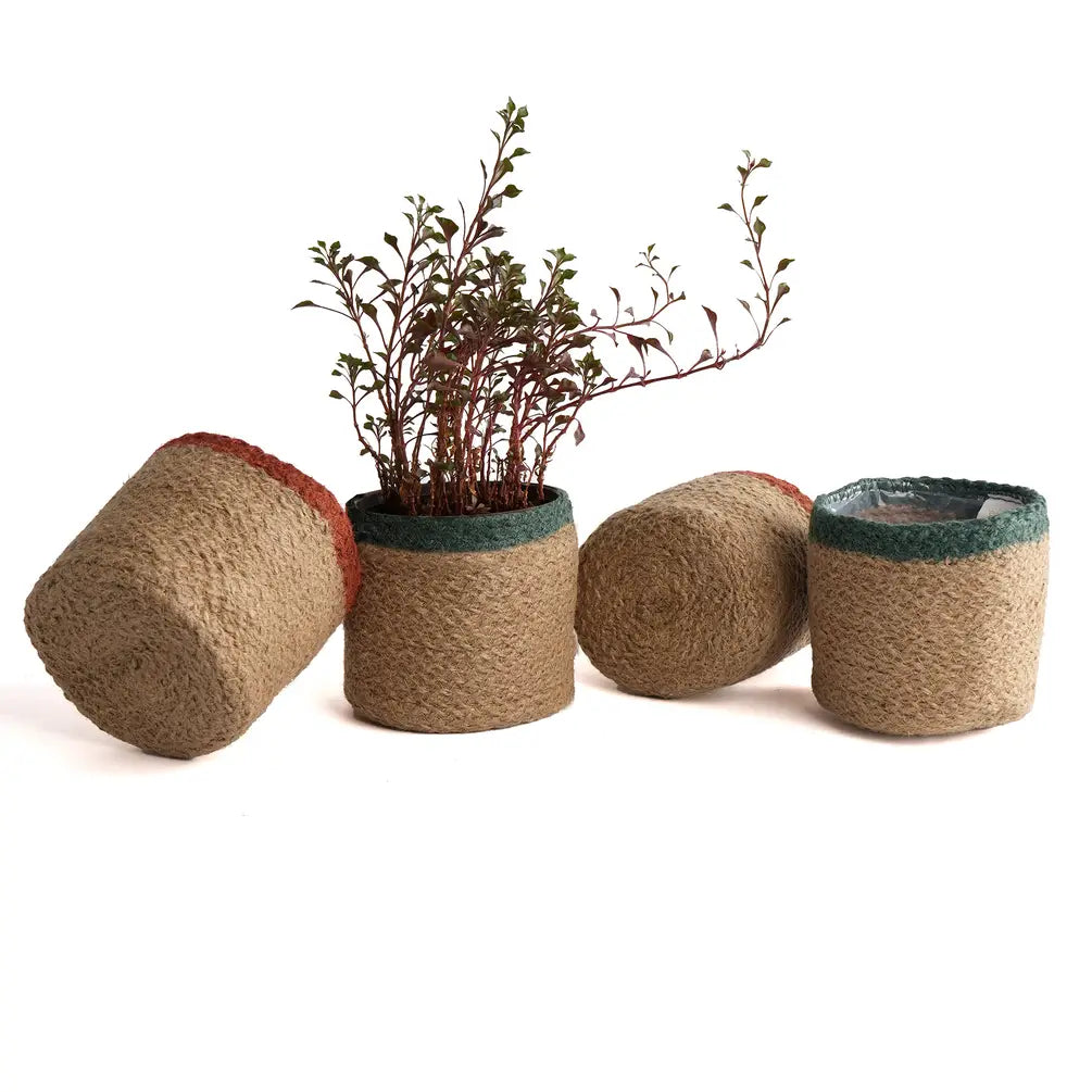 Jute Planter Set of 4, Natural Jute, 4.5x4.5x4, Red, Green & Natural - India Wholesale Co.