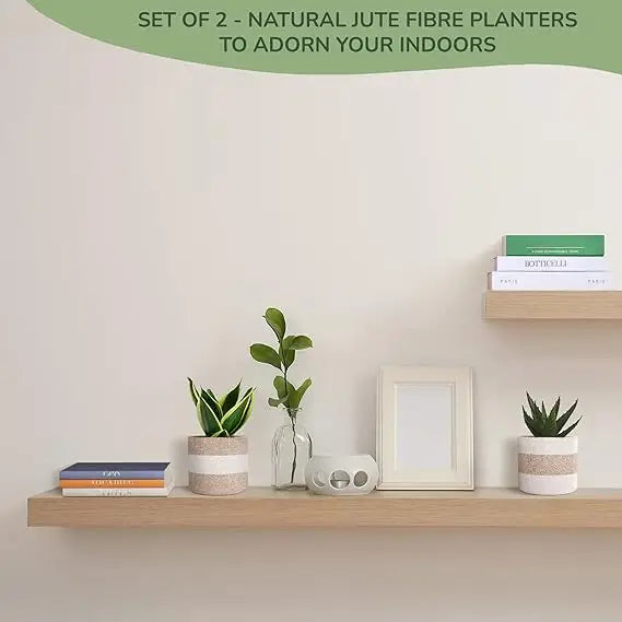 Jute Planters with Poly-Lining Set of 2 White/Natural Jute in 2 patterns 6.5x6.5x6" - India Wholesale Co.