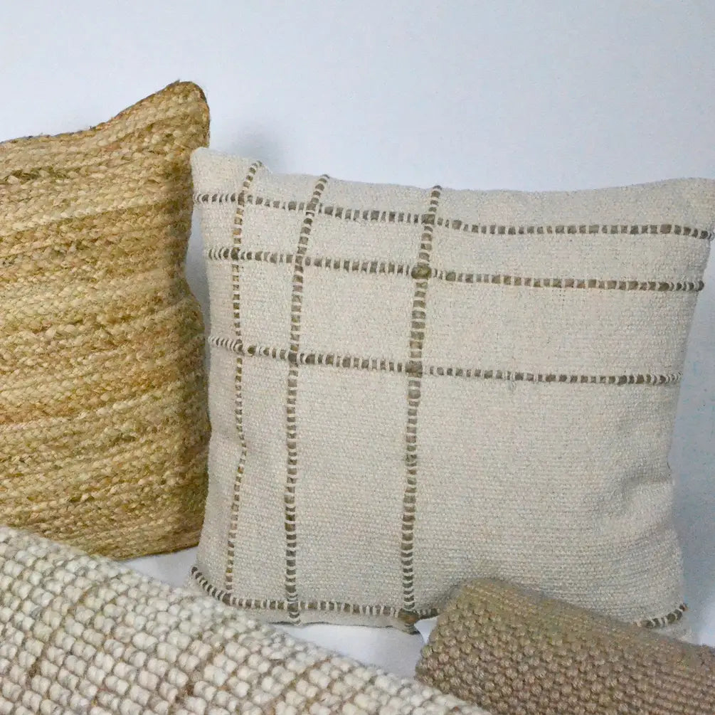 Jute Cotton Fancy check Cotton & Jute Pillow Cover, 18"x18", White - India Wholesale Co.