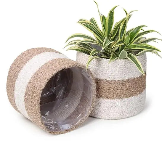 Jute Planters with Poly-Lining Set of 2 White/Natural Jute in 2 patterns 6.5x6.5x6" - India Wholesale Co.