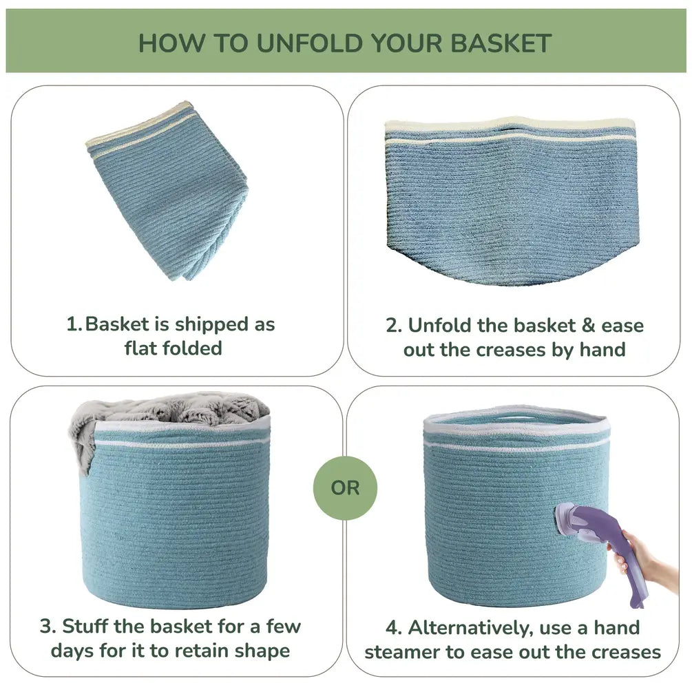 Cotton Basket Set of 3, Cotton, 11x11x11, Blue- Solid - India Wholesale Co.
