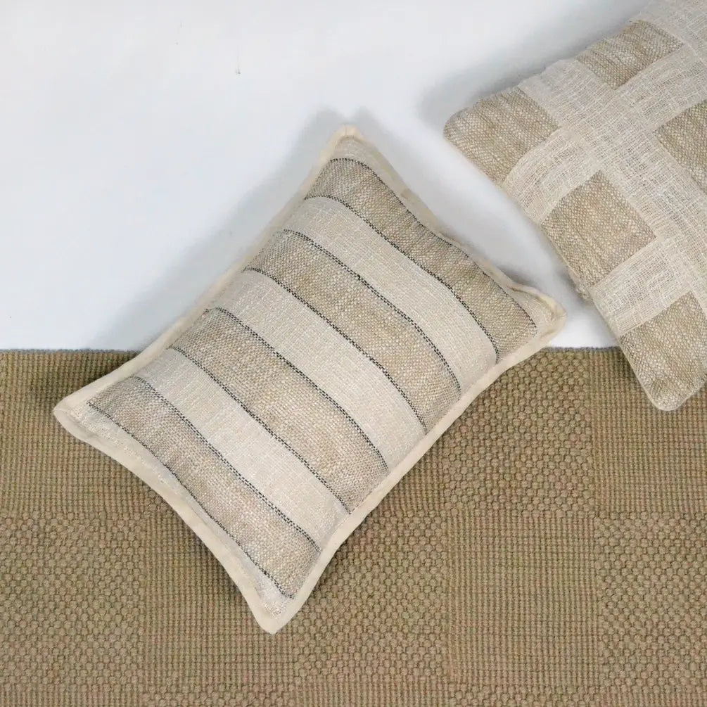 Handloom Broad Stripes Pillow Cotton & Jute Cover 18"x18", White & Natural - India Wholesale Co.