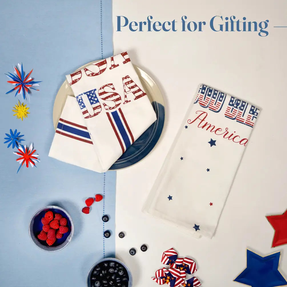 Set of 2 USA and God Bless America Printed Kitchen Towel, 18" x28", 100% cotton, Red & Blue - India Wholesale Co.