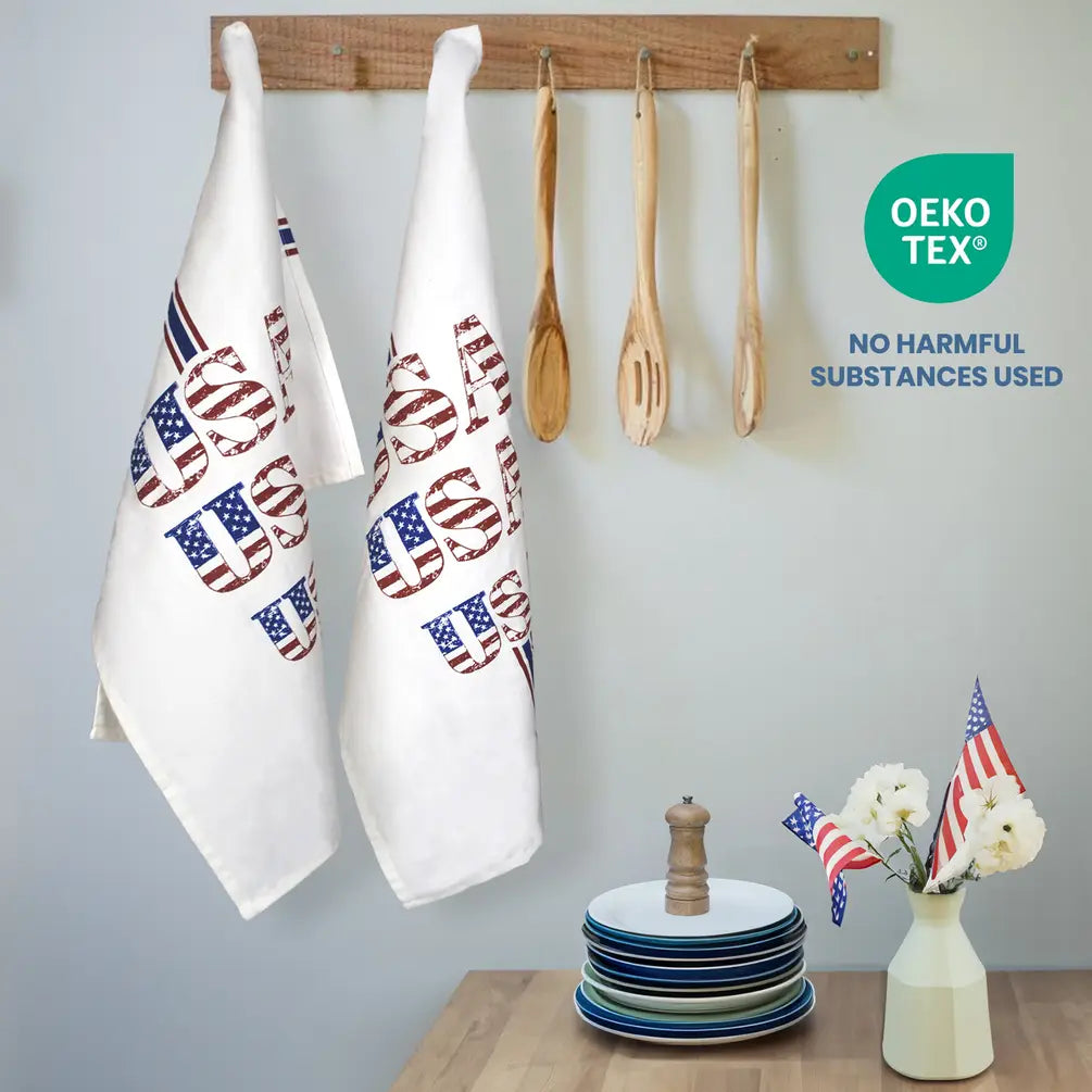 Set of 2 USA Printed Kitchen Towel, 18" x28", 100% cotton, Red & Blue - India Wholesale Co.
