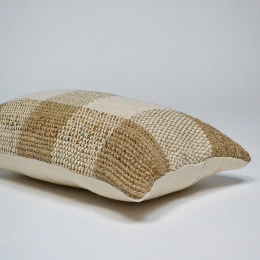 Jute Cotton Plaid Cotton & Jute Pillow Cover, 14"x20", White & Natural - India Wholesale Co.