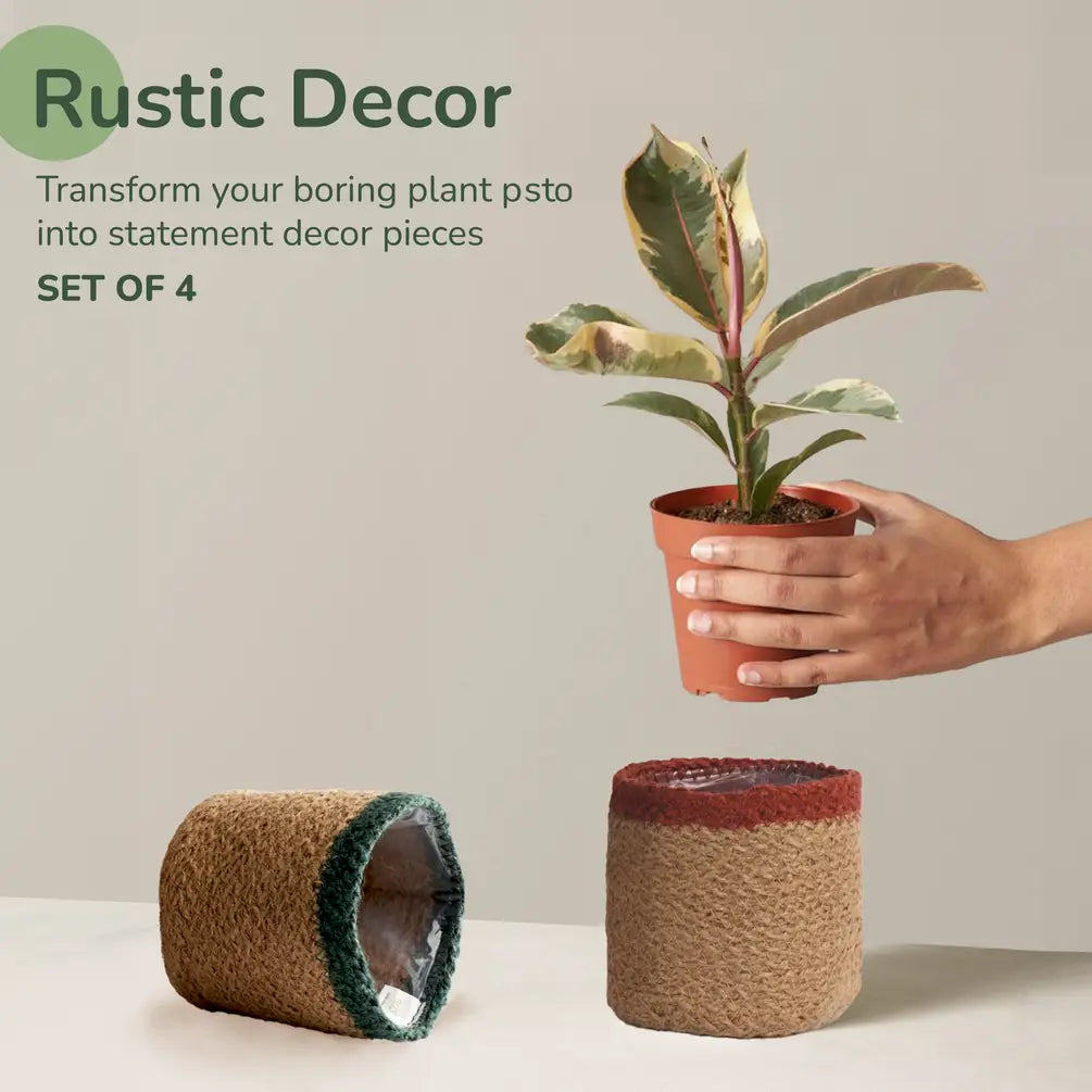 Jute Planter Set of 2, Natural Jute, 4.5x4.5x4, Red, Green & Natural - India Wholesale Co.