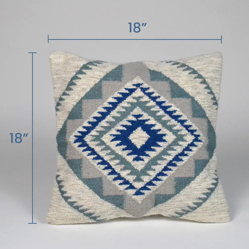 Handloom Kilm Woven Cotton Pillow Cover, 18"x18", White & Blue - India Wholesale Co.