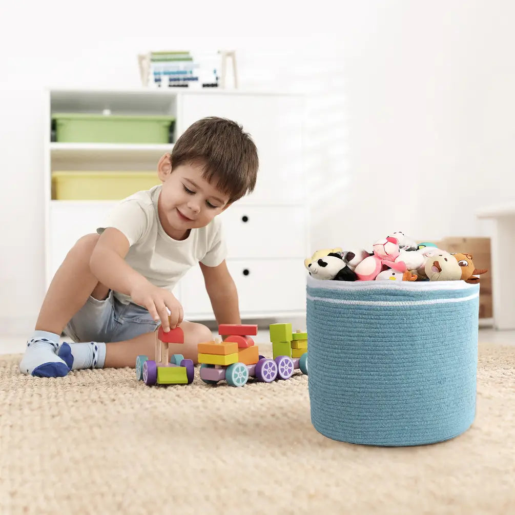 Cotton Basket Set of 3, Cotton, 11x11x11, Blue- Solid - India Wholesale Co.