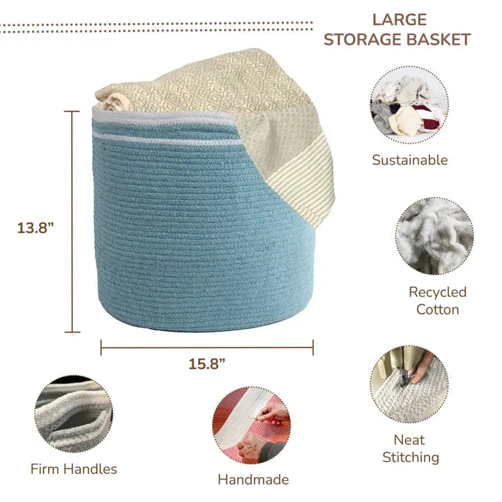 Cotton Basket without Lid Blue, 15.8x15.8x13.8" - India Wholesale Co.