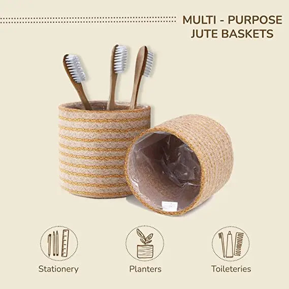 Jute Planters with Poly-Lining Set of 2 Orange/Natural Jute 6.5x6.5x6" - India Wholesale Co.