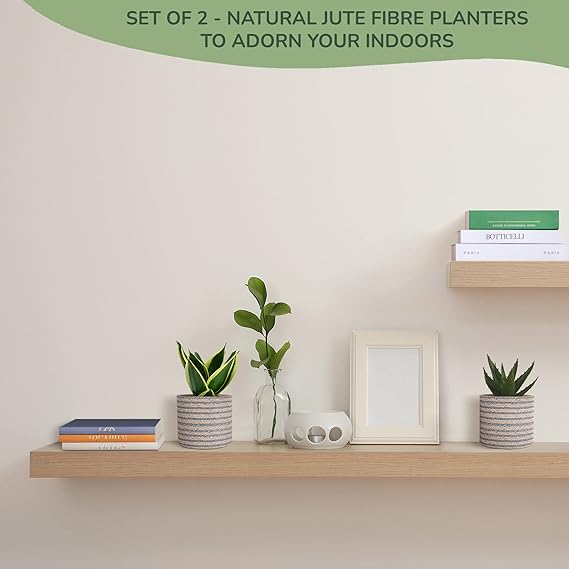 Jute Planters with Poly-Lining Set of 2 Teal Blue/Natural Jute 6.5x6.5x6" - India Wholesale Co.
