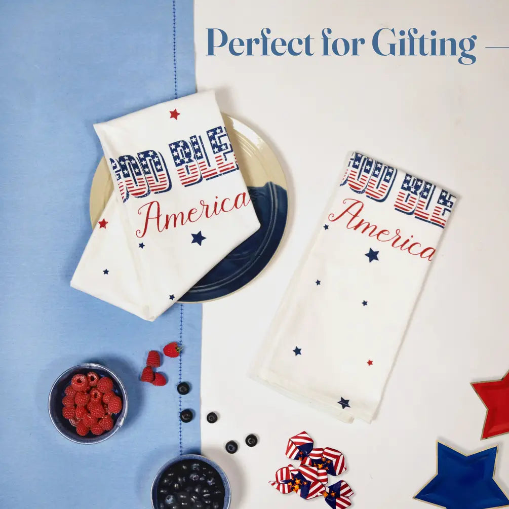 Set of 2 God Bless America Printed Kitchen Towel, 18" x28", 100% cotton, Red & Blue - India Wholesale Co.