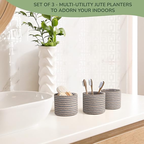 Jute Planters with Poly-Lining Set of 3 Teal Blue/Natural Jute 4.5x4.5x4" - India Wholesale Co.